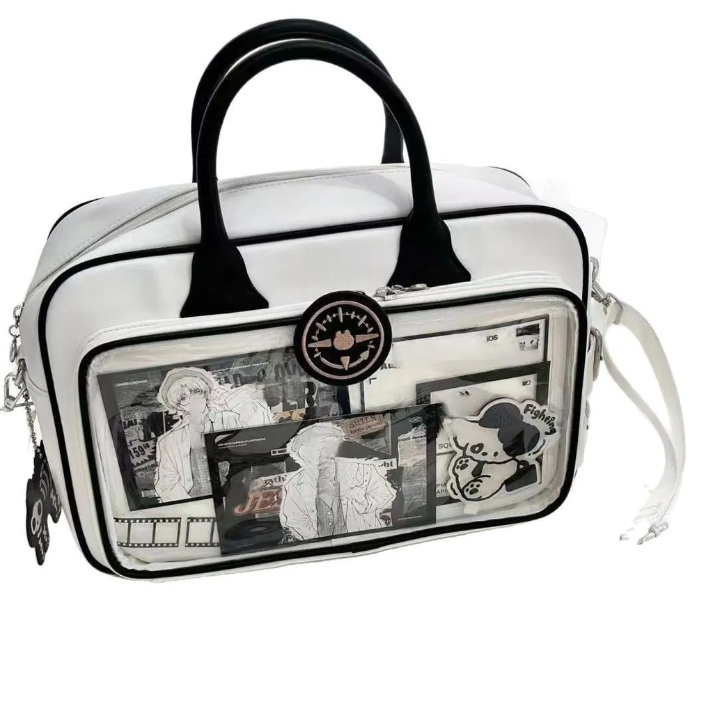 One-shoulder PU messenger bag 42x24cm horizontal square shape with external pocket, black colour option