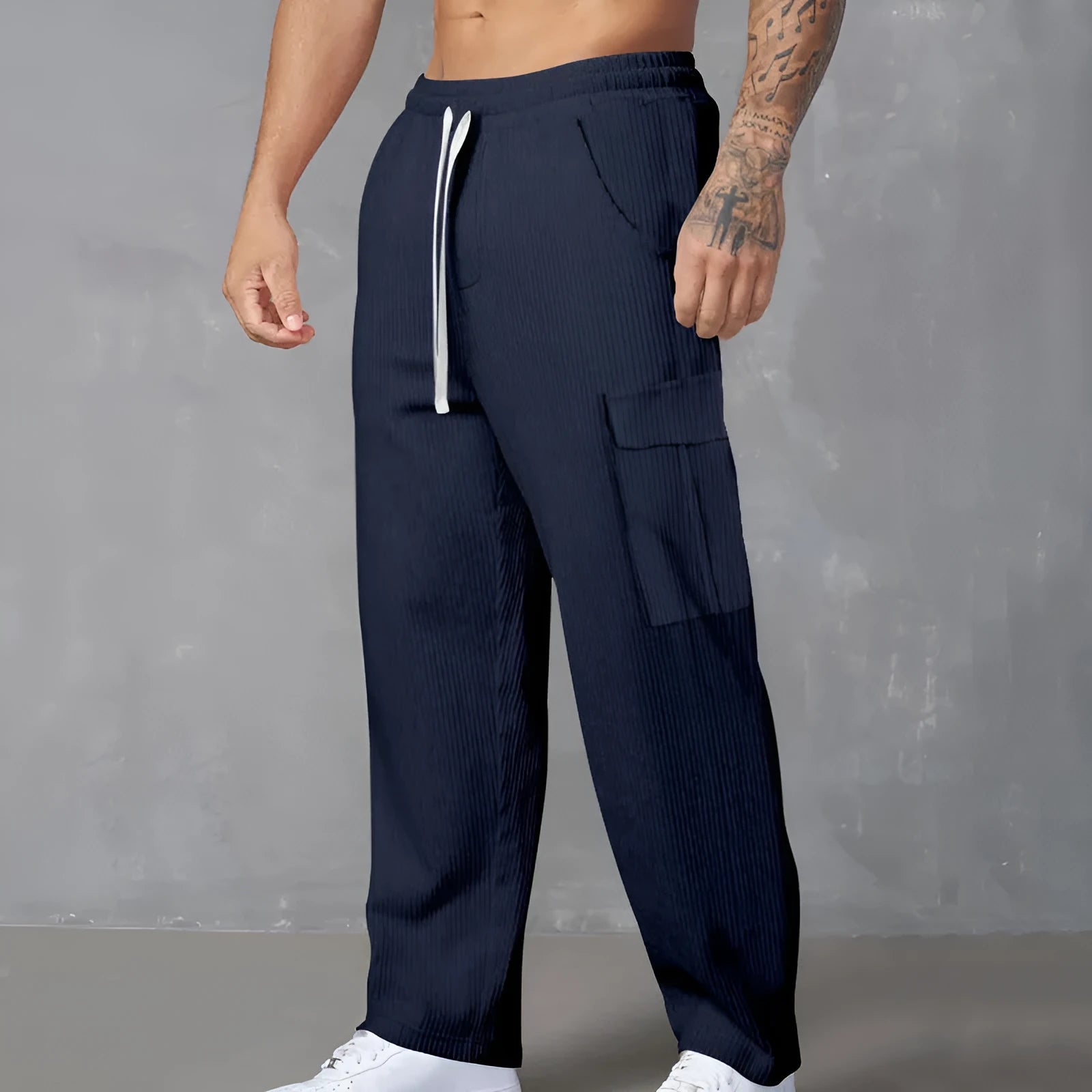 Men's corduroy cargo trousers in straight wide-leg design with drawstring waist