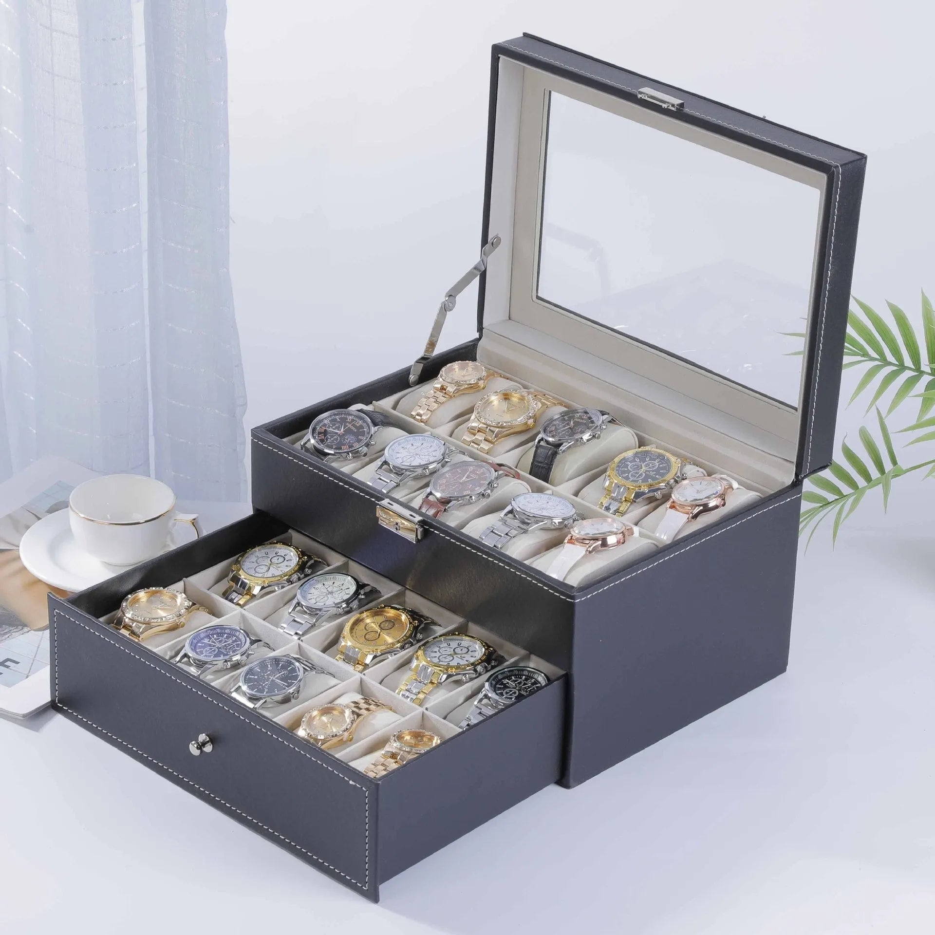 Grey leather watch storage box with transparent dustproof lid showing multiple capacity size options