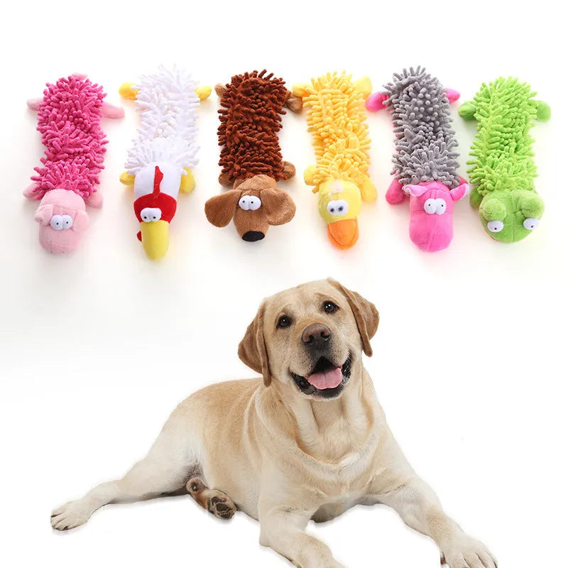 Brown dog design microfiber plush molar toy for horses shown beside pink pig version