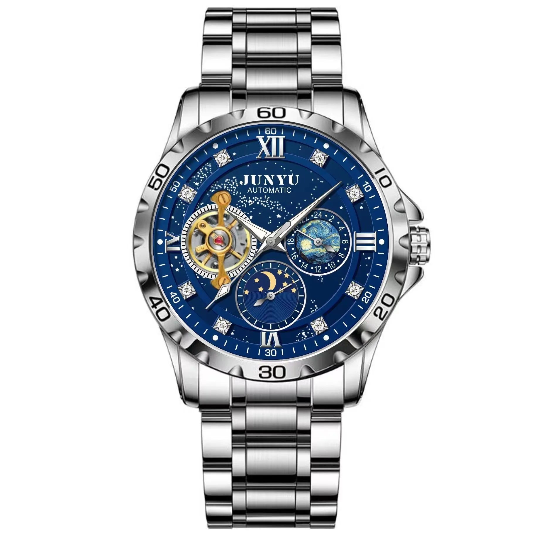 Men's automatic mechanical waterproof watch in rose gold, silver, or gold case with black starry sky, blue, or gold dial