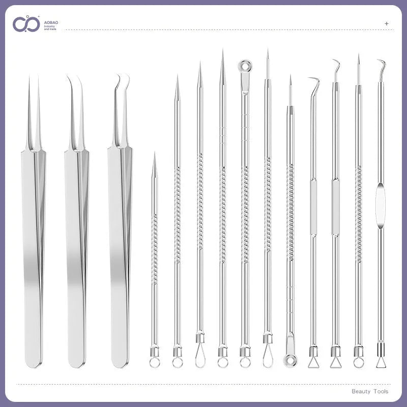 Four-piece silver metal acne needle set with fine-pointed needles and a clip for skin blemish removal.