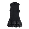 Women's simple stitching lace short dress with asymmetric skirt, black, stripes, cotton blend, summer