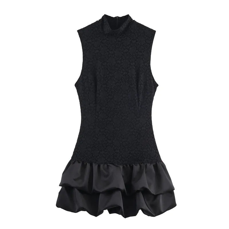 Women's simple stitching lace short dress with asymmetric skirt, black, stripes, cotton blend, summer