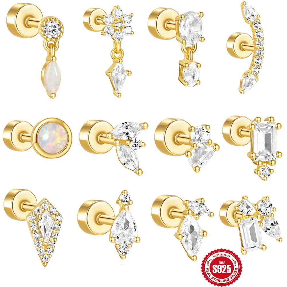 S925 sterling silver geometric flat column thread ear bone studs in gold plating.