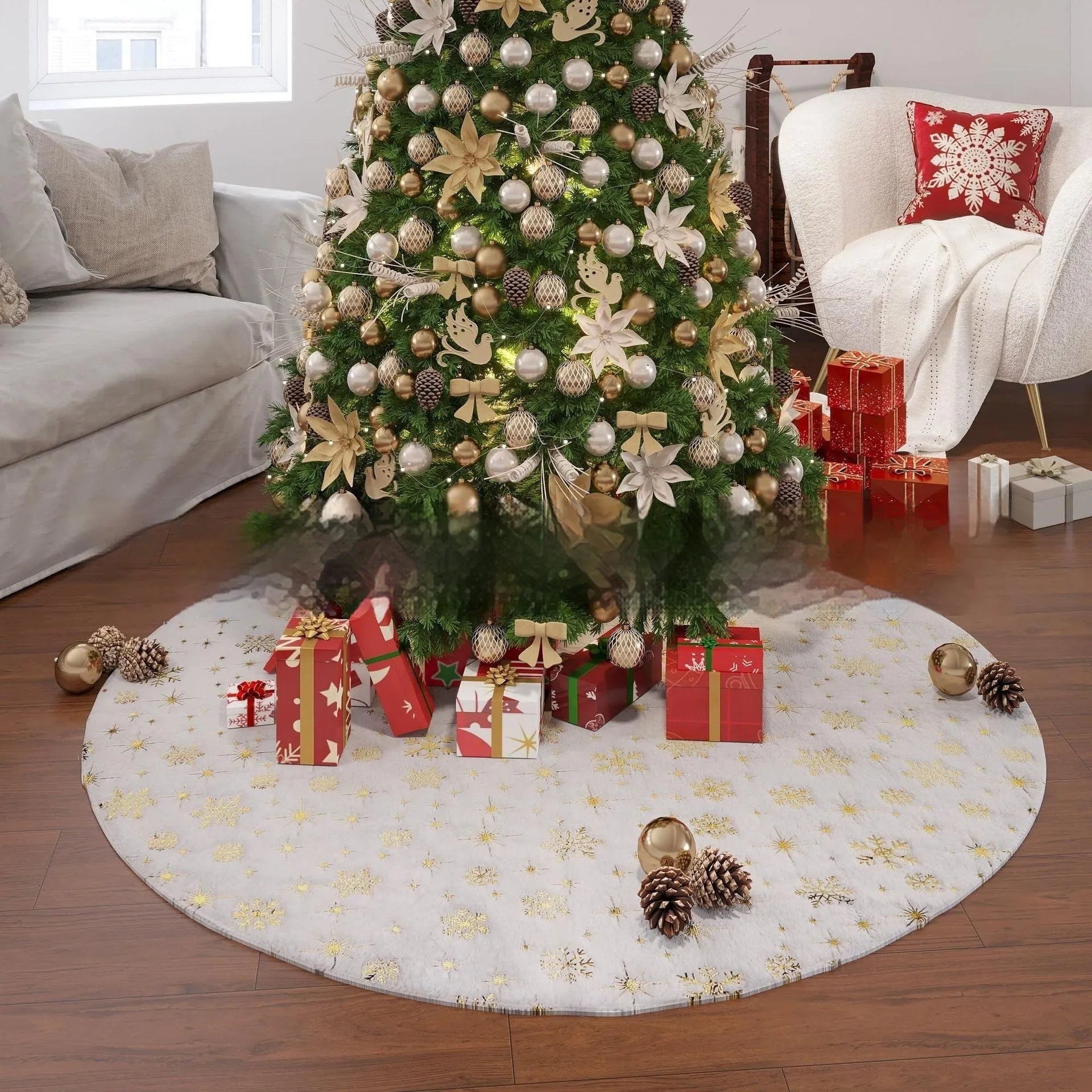Plush Christmas tree style rug mat in red and green for festive floor decoration.