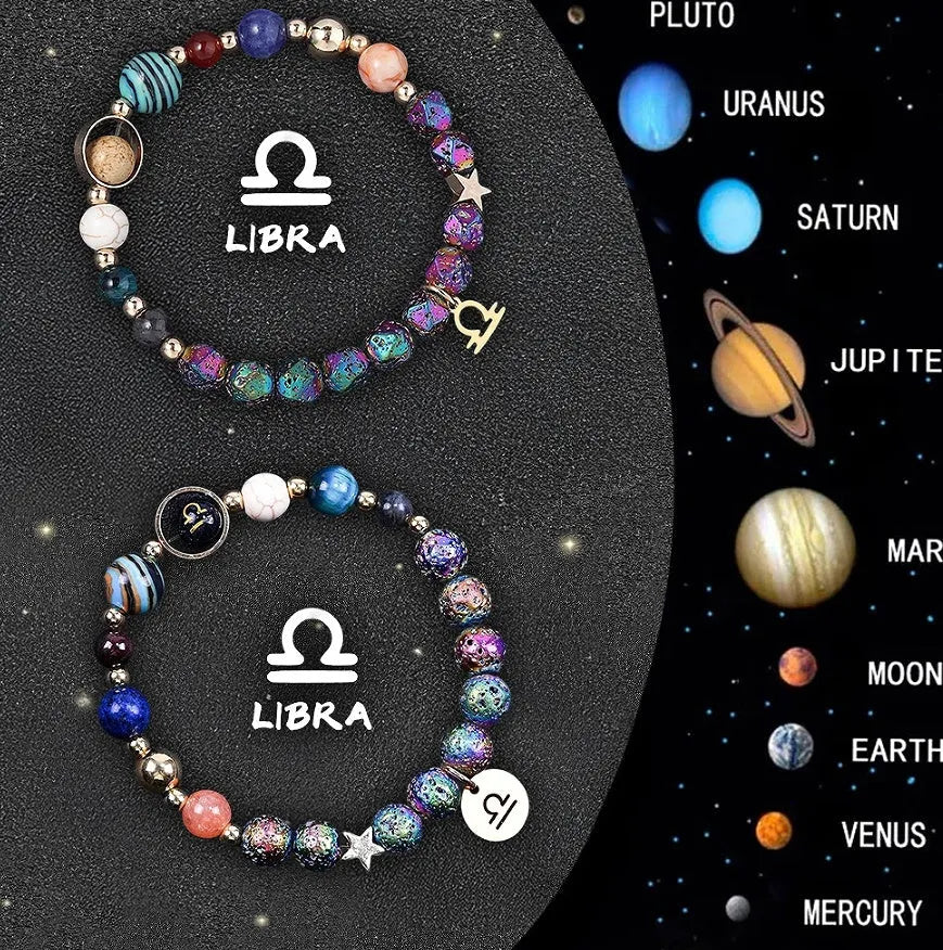 Pair of natural stone beaded bracelets with zodiac charms on an adjustable cord.