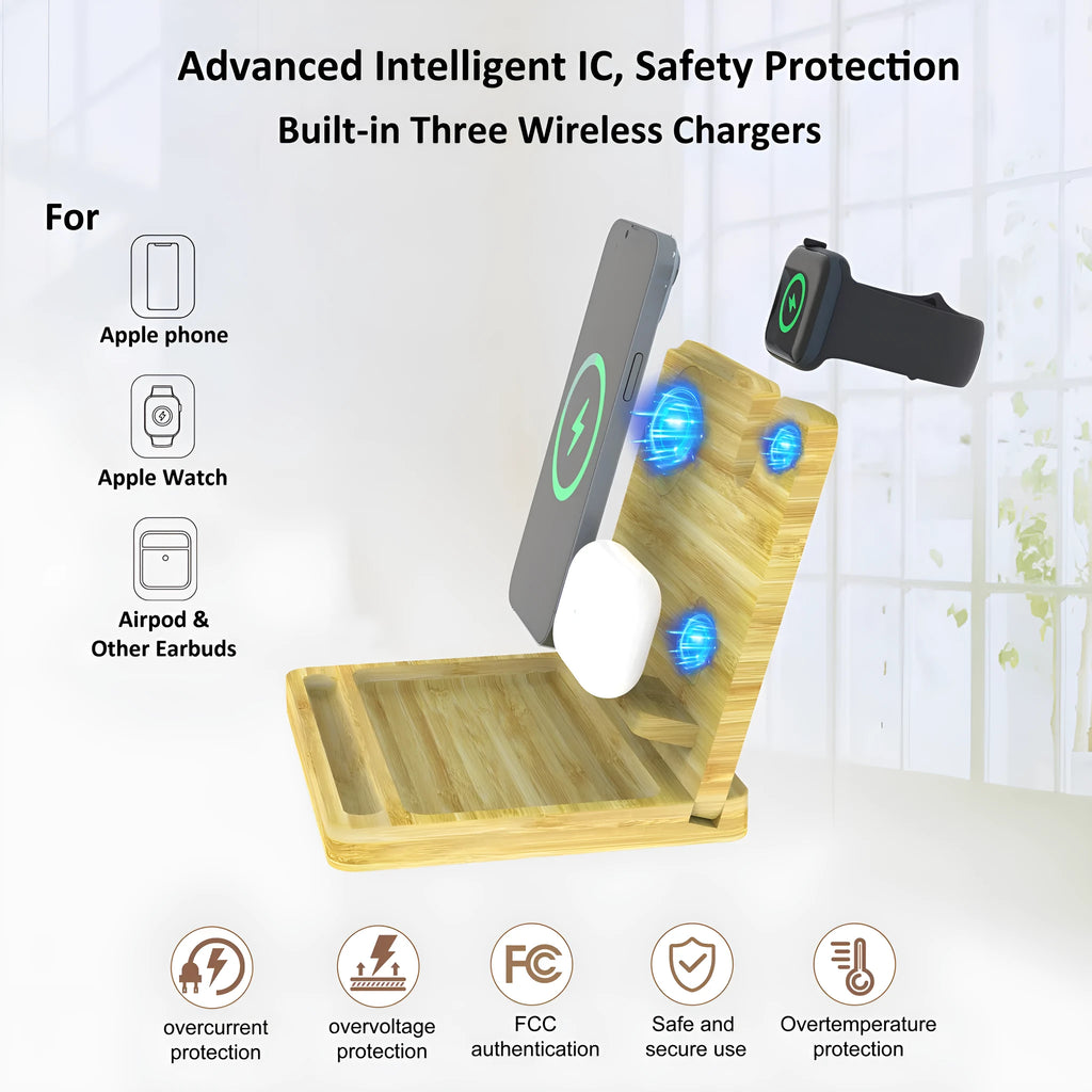Bamboo 3-in-1 magnetic wireless charger storage bracket with phone, AirPods and Apple Watch on a desk with keys and coins in tray