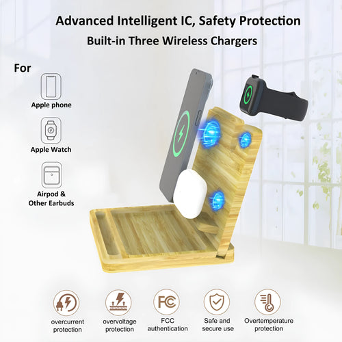 Bamboo 3-in-1 magnetic wireless charger storage bracket with phone, AirPods and Apple Watch on a desk with keys and coins in tray