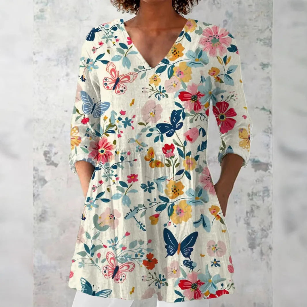 Women's retro slim fit long-sleeved polyester top with digital printing in multiple colour designs