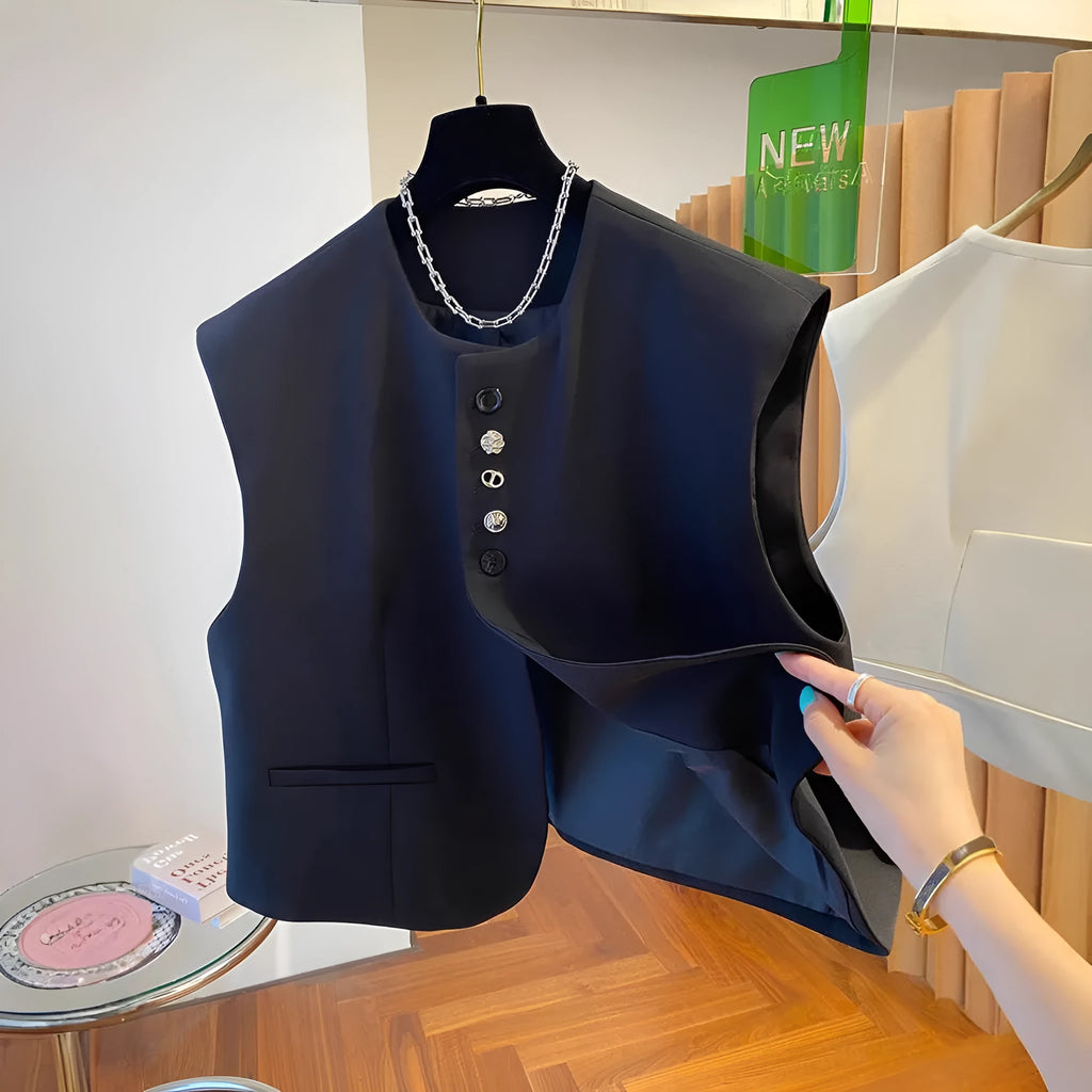 Beige loose-fitting polyester waistcoat with pockets on a hanger