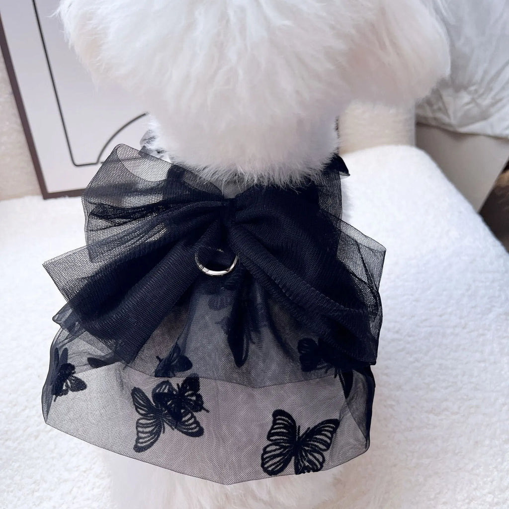 Black polyester gauze princess tulle skirt for a small dog, showing layered design.