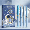 Cartoon-themed erasable gel pen with 0.5mm tip showing character designs and black or blue ink options