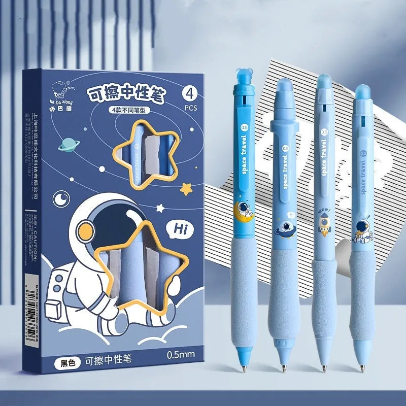 Cartoon-themed erasable gel pen with 0.5mm tip showing character designs and black or blue ink options