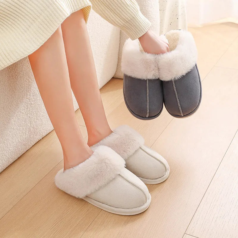 Women's round-toe plush slippers in multiple colours with a non-slip PVC sole.