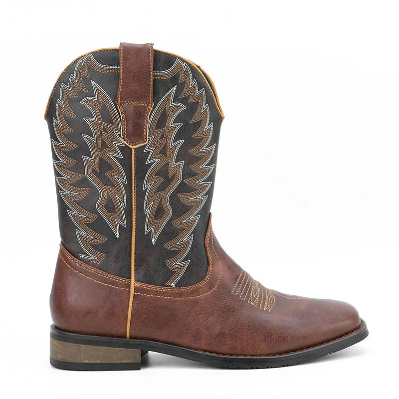 Men's black square toe motorcycle boots with embroidery details and wedge heel