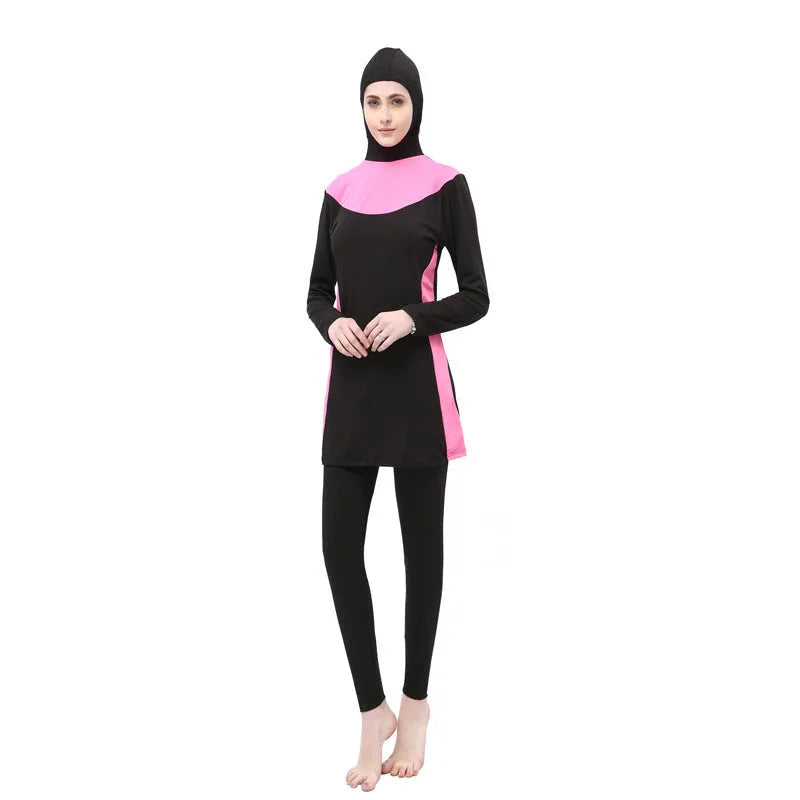 Black women's hooded swimsuit with long sleeves, shown in a conservative full-coverage design for swimming.
