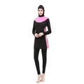 Black women's hooded swimsuit with long sleeves, shown in a conservative full-coverage design for swimming.