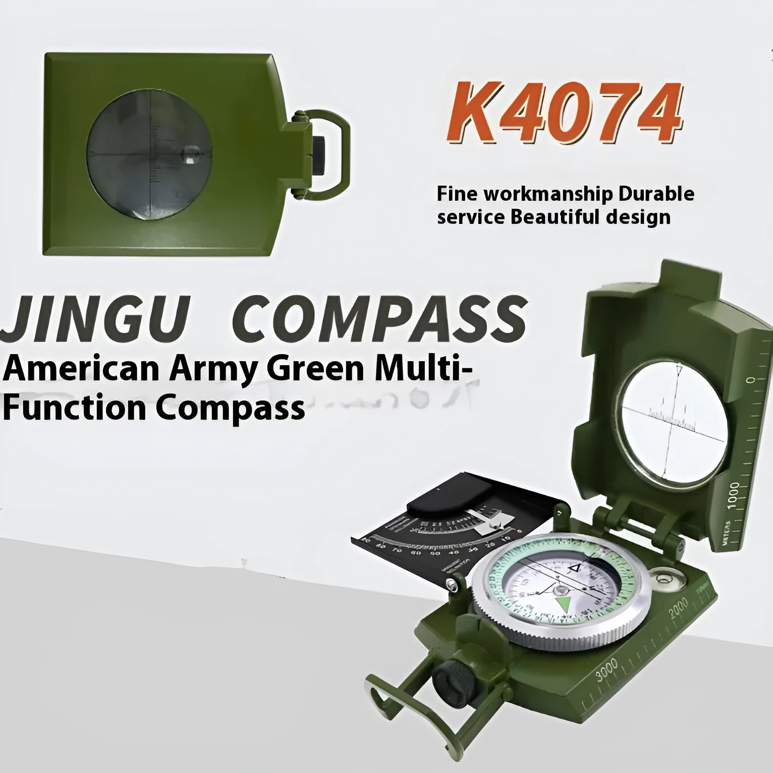 K4074 metal and ABS outdoor compass with hanging rope, shown with dimensions 10 by 6.6 by 3.1 cm.