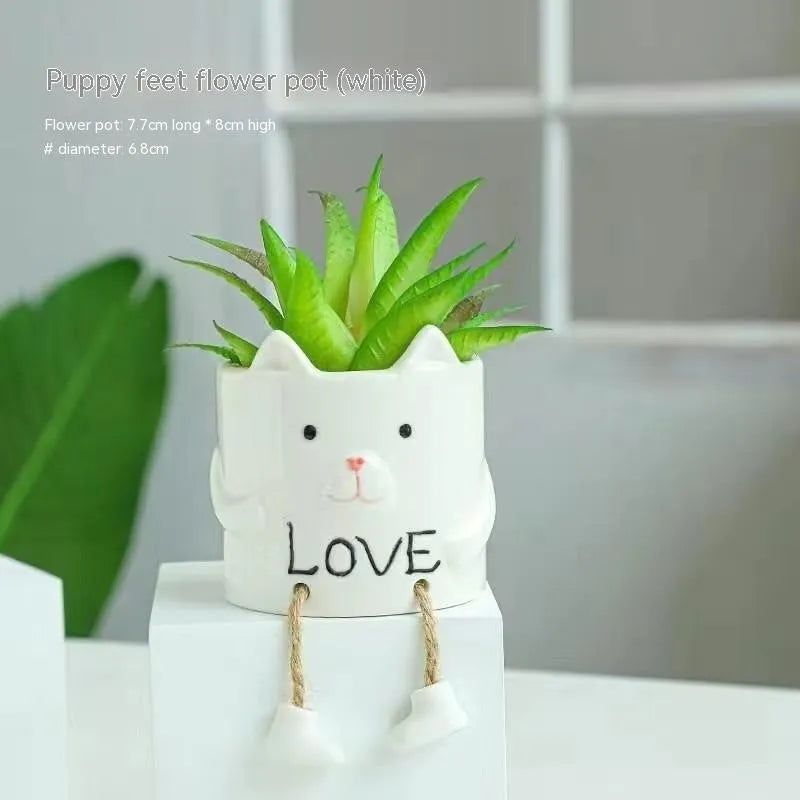 Ceramic hanging foot flowerpot with cartoon design in one of twelve colour variants for succulent plants