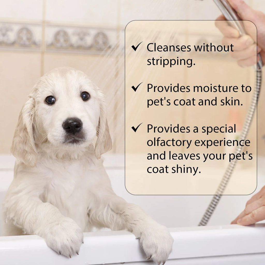 A bottle of mild pet shampoo for dogs and cats, available in 100ml and 300ml sizes.