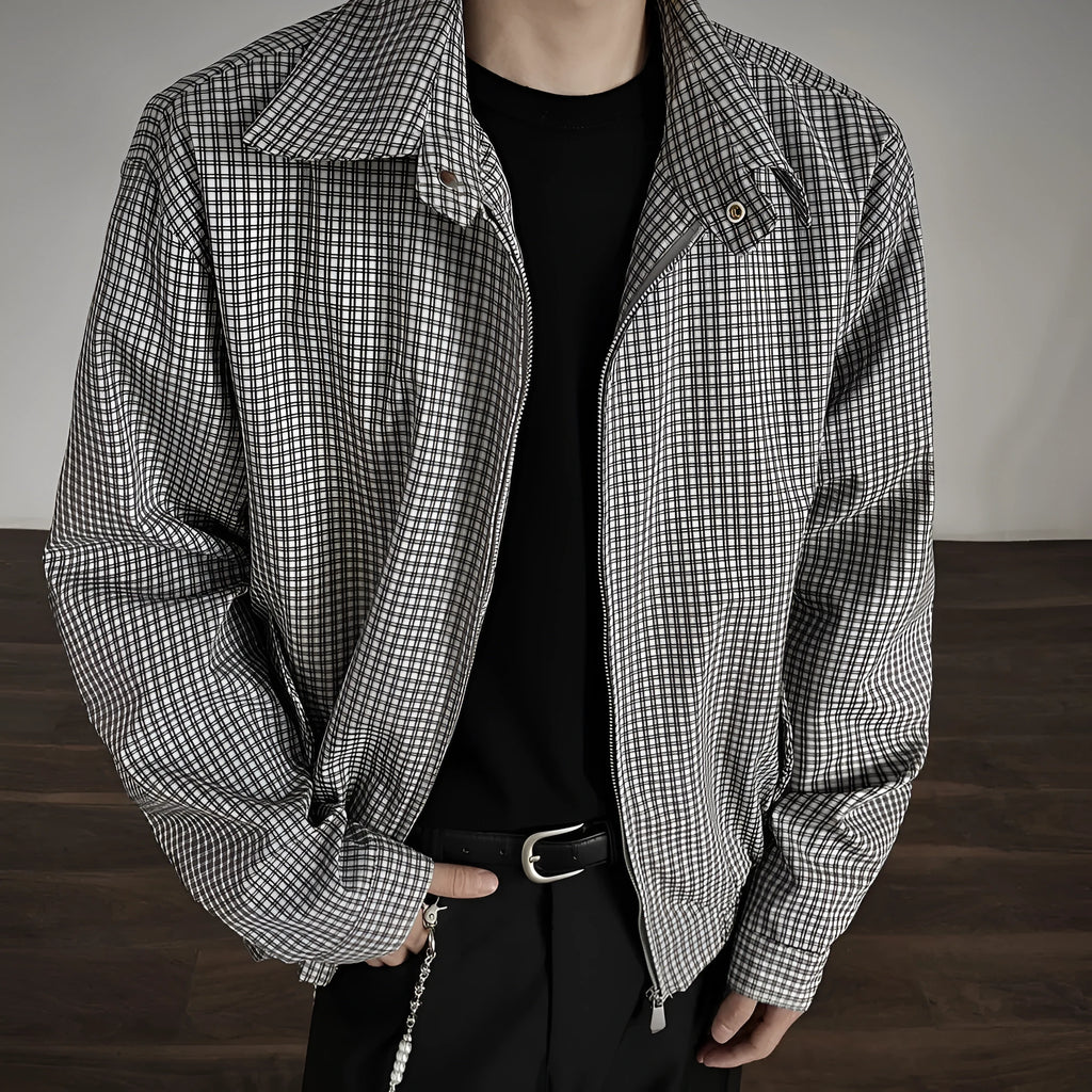 Korean style retro plaid short jacket with double zipper in grey and blue plaid, cotton blend