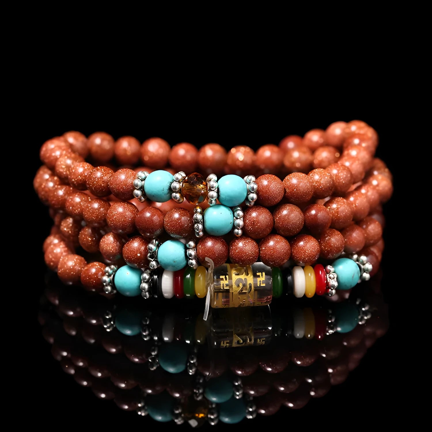 Golden star stone bracelet with 108 nugget sand beads showing fu character and multi-circle design