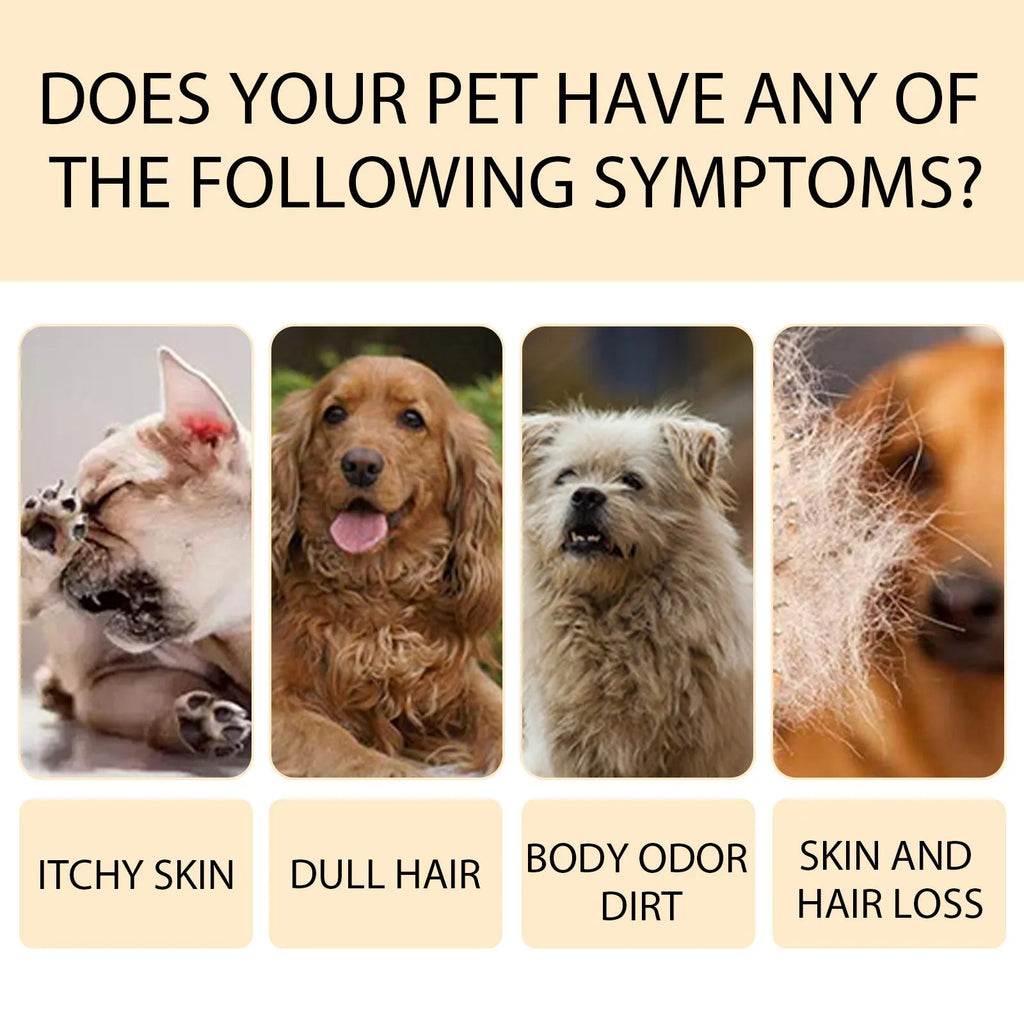 A bottle of mild pet shampoo for dogs and cats, available in 100ml and 300ml sizes.