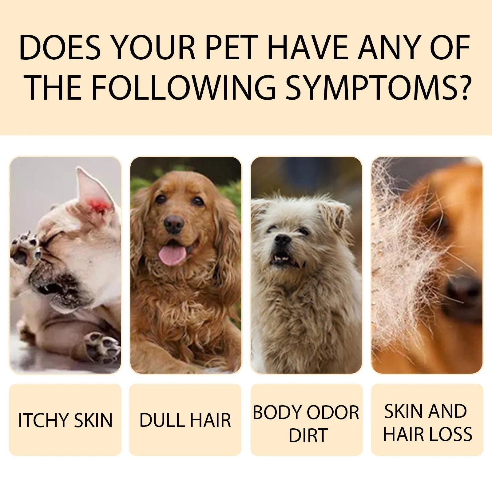 A bottle of mild pet shampoo for dogs and cats, available in 100ml and 300ml sizes.