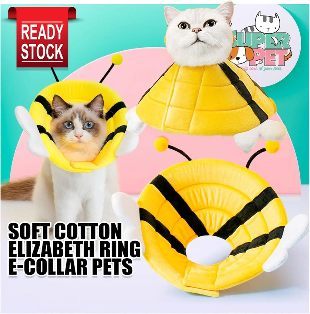 Soft cat cone collar with bee design for post-surgery protection in adjustable sizes