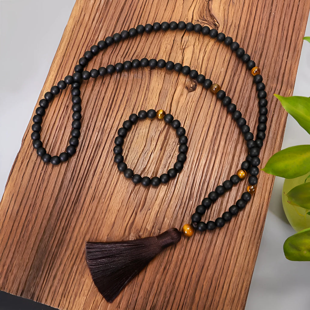 Beaded tigereye stone bracelet and necklace set with 108 beads and tassel pendant