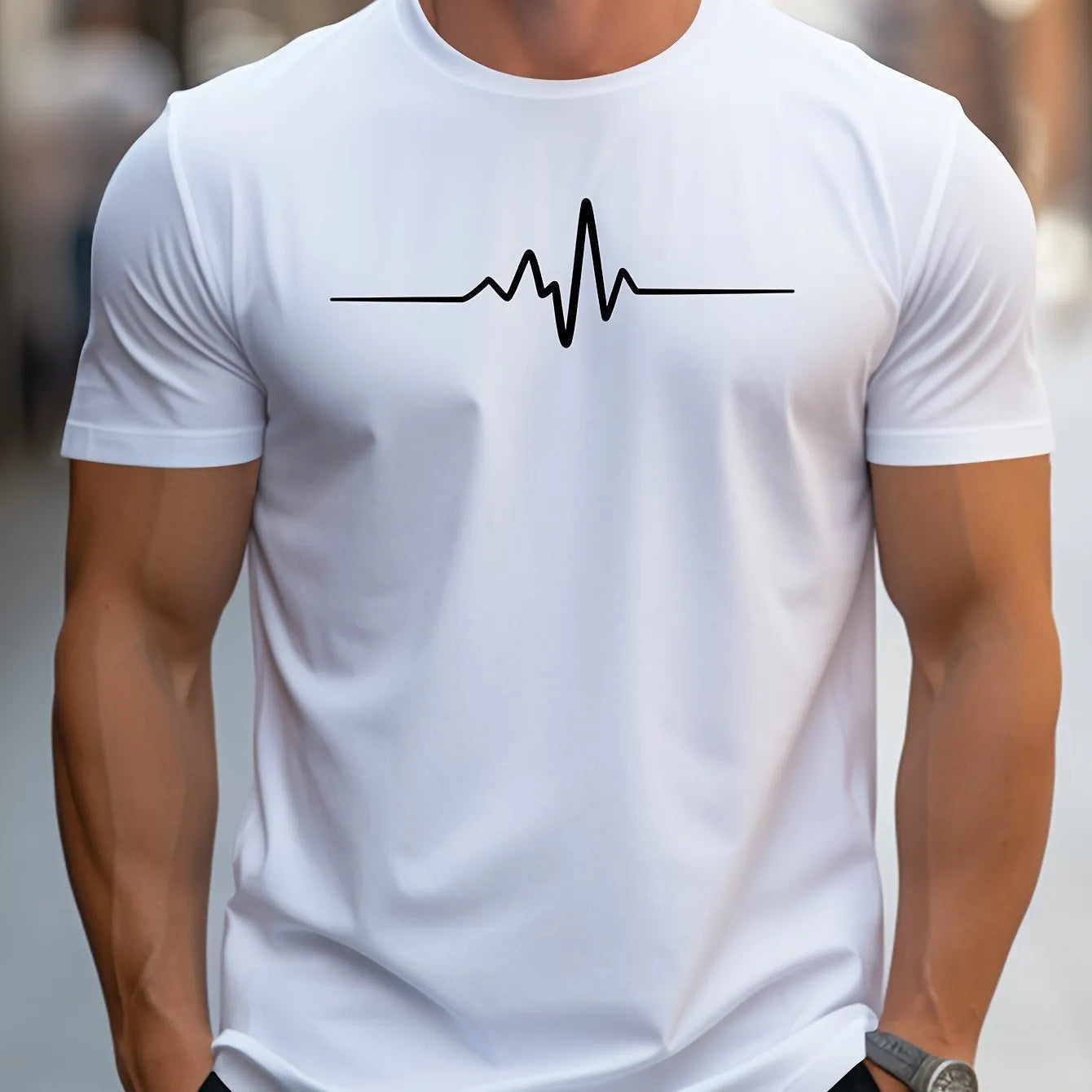 Men's loose fit grey t-shirt with a white 3D letter pattern on the chest, short sleeves.