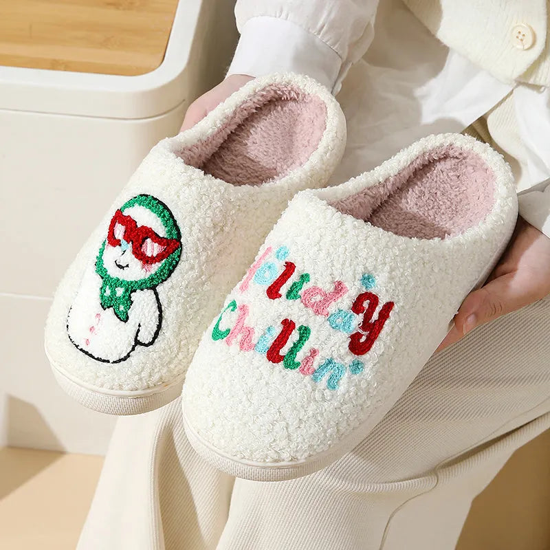 Cartoon gingerbread man winter cotton slippers in plush material with festive design, available in multiple colours and sizes