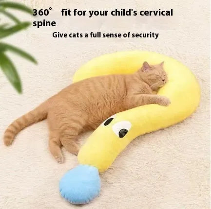 Blue U-shaped cat pillow with a question mark design on a white background