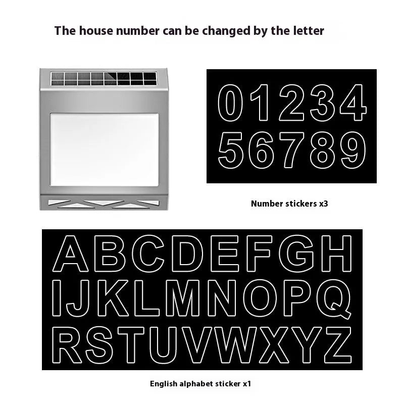Black solar-powered metal doorplate light with LED house numbers and digital clock display