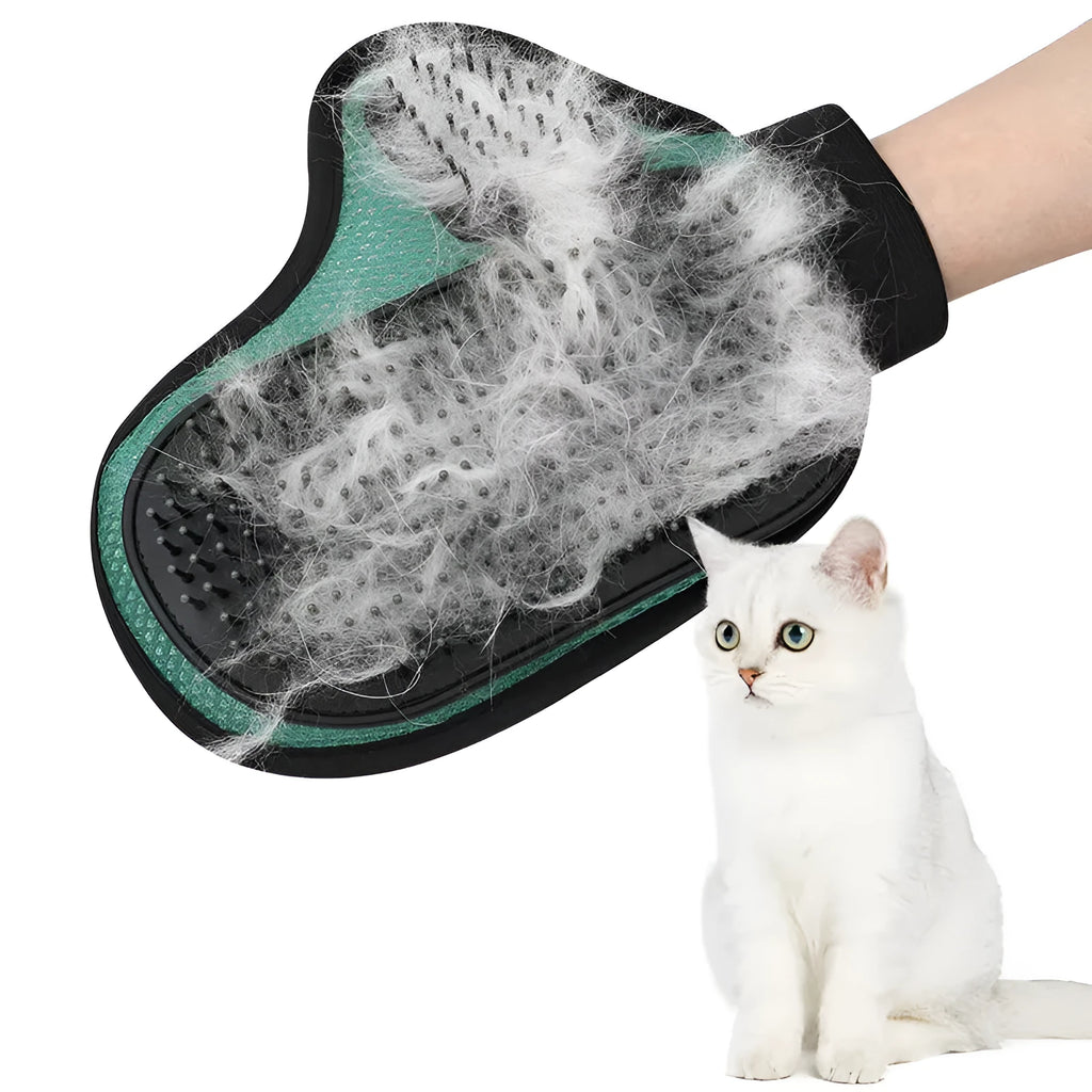 Gray pet grooming glove with silicone massage tips for removing loose cat and dog hair