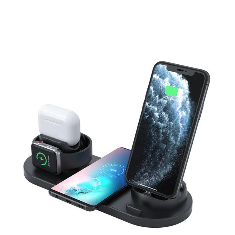 Black 6-in-1 wireless charging station with smartphone, AirPods and iWatch charging areas