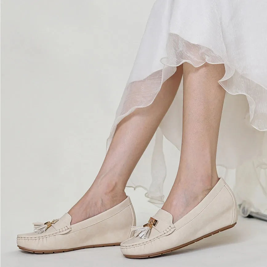 Nude casual work shoes with mid heel height increase and round toe design in multiple colour options