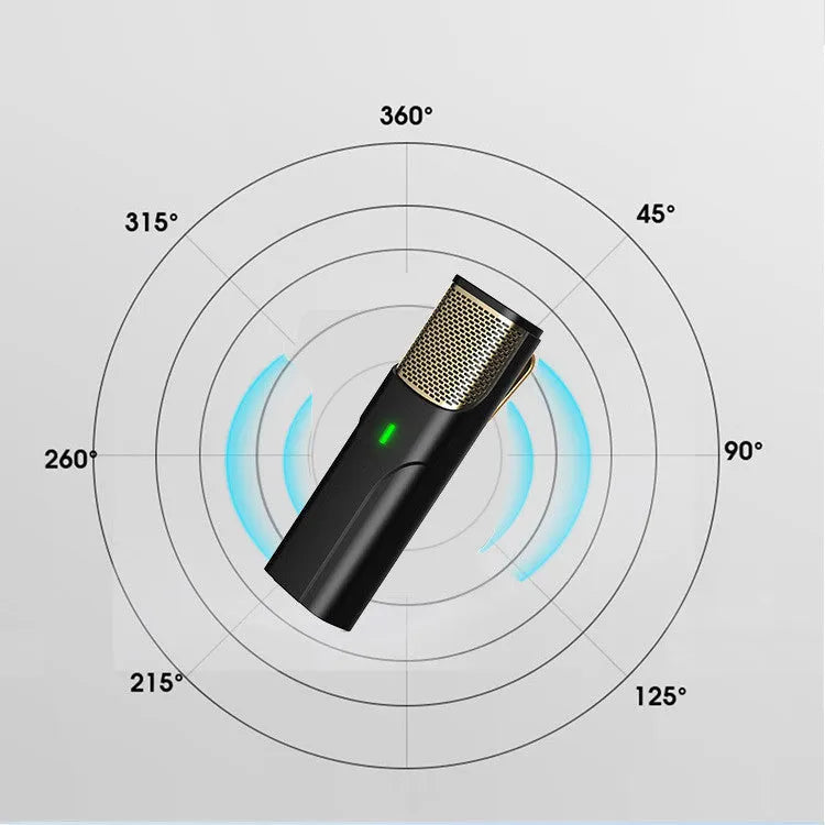 Black wireless lavalier microphone with transmitter and Type-C cable for live streaming.