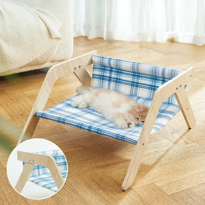 Wooden frame cat hammock bed with blue cloth elevated cat sleeping spot