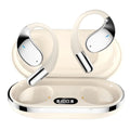 Black sports Bluetooth earphones with ear-hook design, shown next to charging case.