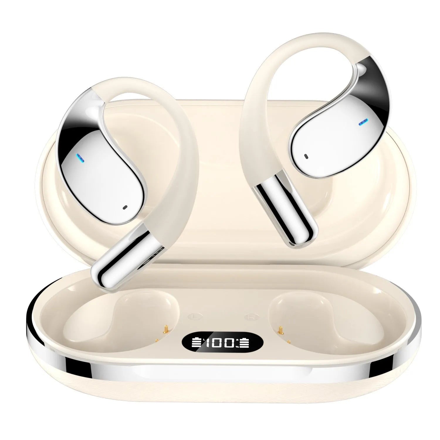 Black sports Bluetooth earphones with ear-hook design, shown next to charging case.