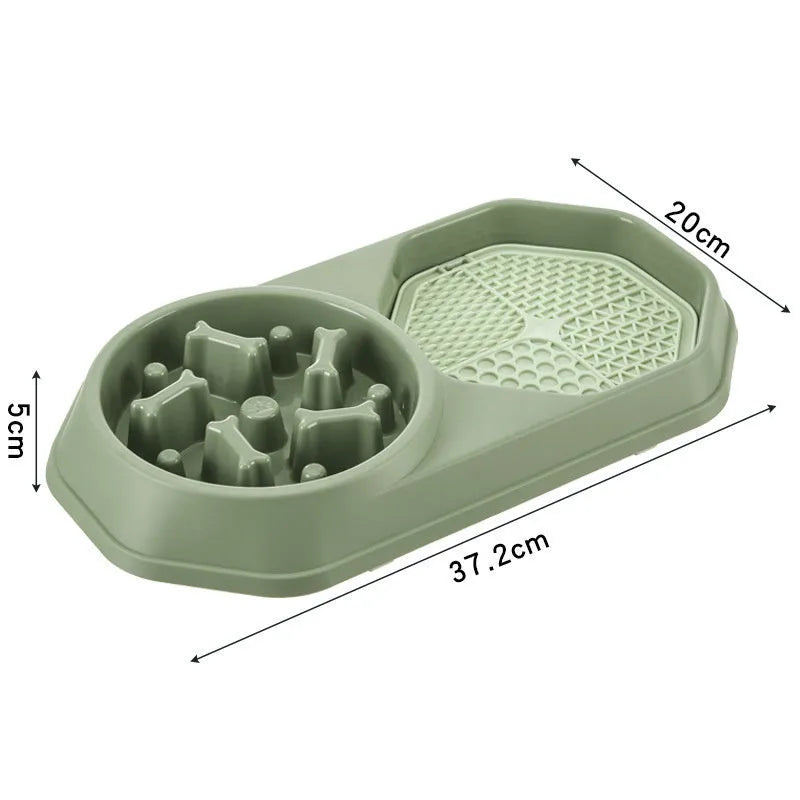 Blue interactive slow feeder dog bowl with maze pattern for anti-gulping, shown with four non-slip pads.