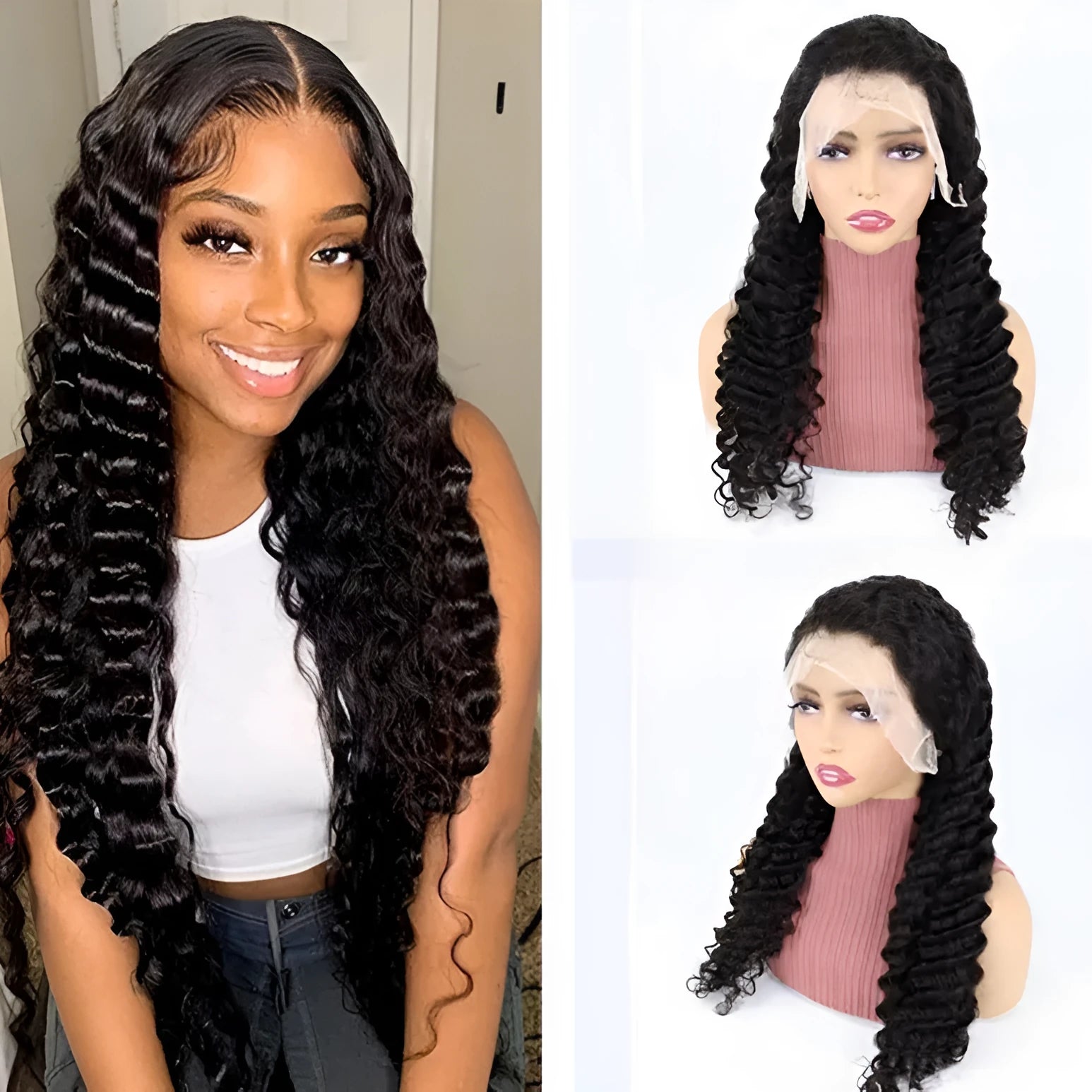Solid colour half lace front human hair wig on a stand, showing a natural hairline.