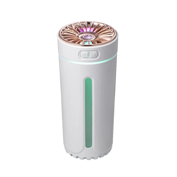 Black and white rechargeable USB humidifier with colourful lights for car and desk use.