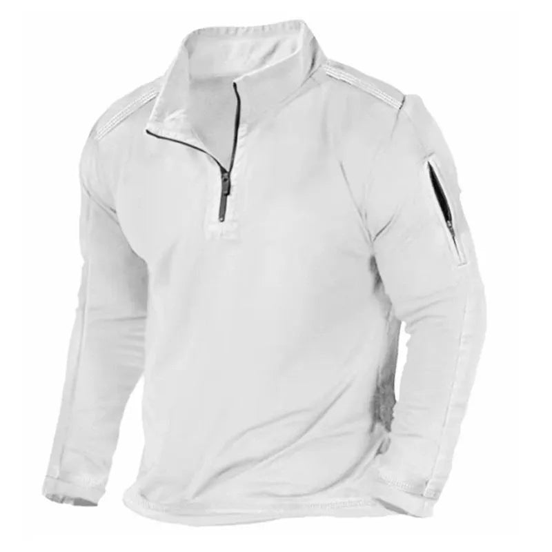 Men's grey zip-up sweater with a stand collar and long sleeves on a hanger.