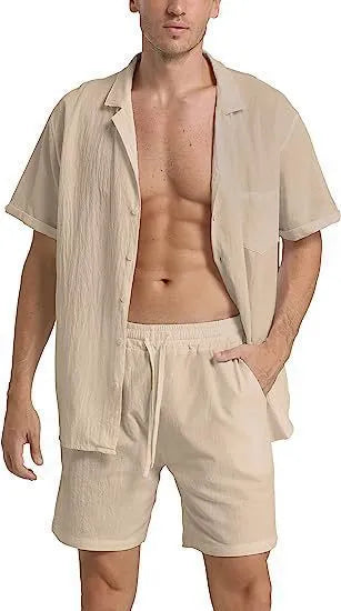 Men's flax summer sports shorts suit with short-sleeved top and matching athletic shorts