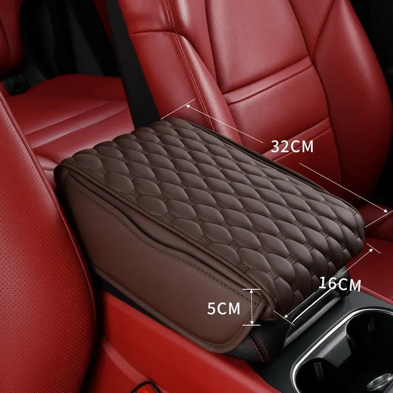 Leather car armrest box organiser in brown, measuring 32x22x5 cm for general vehicle models
