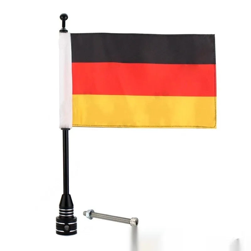 Black and silver aluminium motorcycle flagpole for mounting on luggage racks and top boxes.