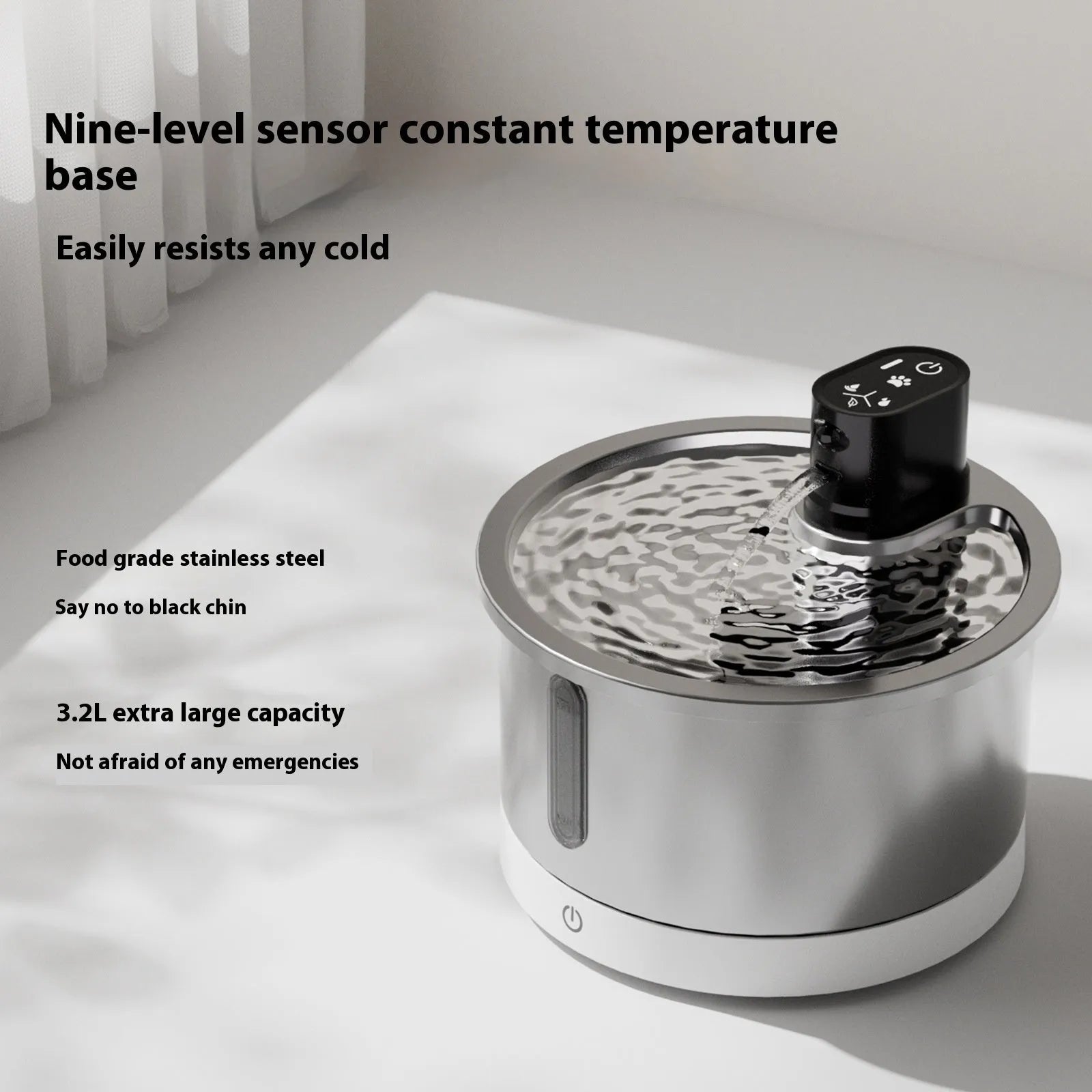 White heated pet water fountain for cats and dogs with stainless steel pump and temperature control base.